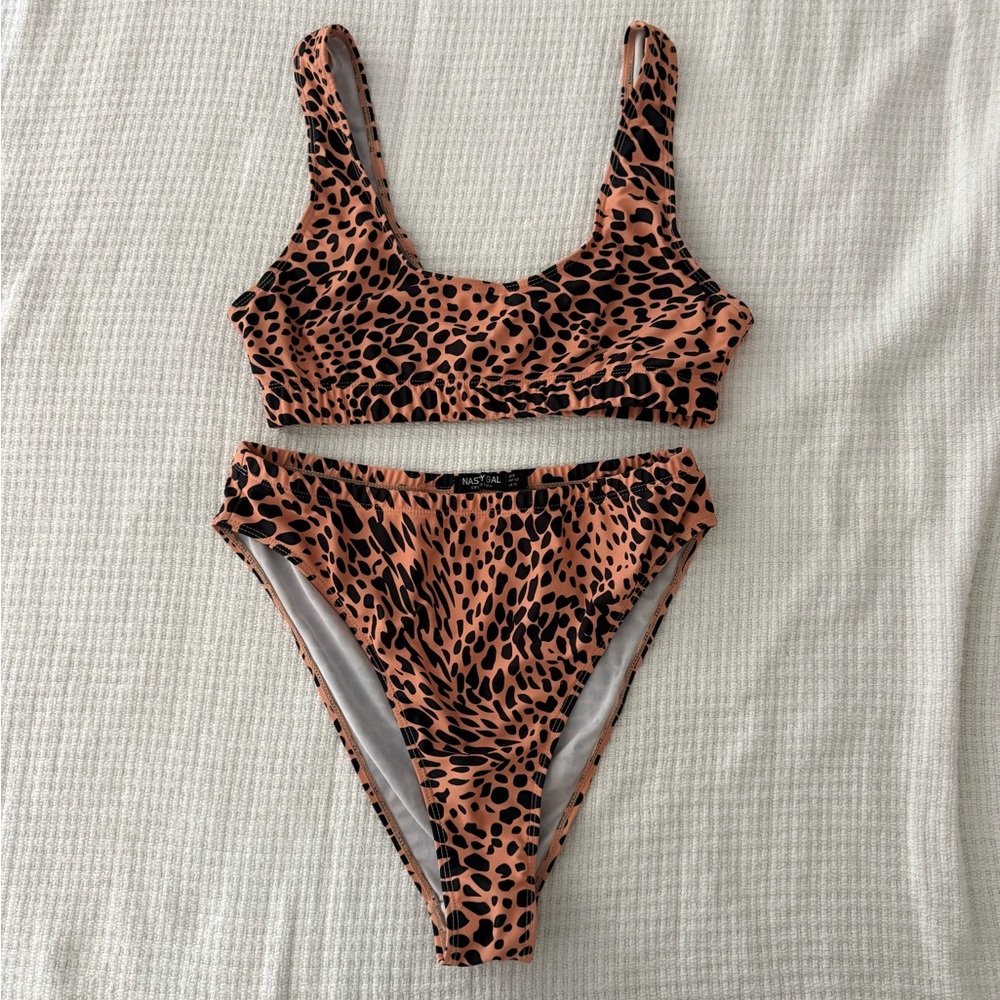 Nasty Gal Peach Black Leopard Print High Waisted Bikini